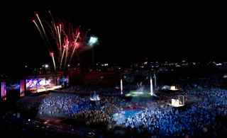 DAVID FURST/AFP/Getty Images. Fireworks are set off during the opening ceremony of the Maccabiah Games in Tel Aviv on July 13, 2009. The 18th Jewish Maccabiah sports Games will be held from July 13th to July 28th in Israel. The Maccabiah Games are quadrennial Jewish Olympics, held in Israel the year following the Olympic Games. Every four years, the best Jewish athletes from throughout the world compete in Open, Masters, Juniors, and Disabled competitions.