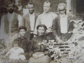 Burroughs Family Photo, Chattanooga, Tennessee 1889. Pictured standing, left to right: Morris Burroughs; Malachias Williams; UNK; Samuel P. Johnson.  Seated in the front row are: Robert Elliott Burroughs (baby); Mary Jane Lillie Williams Burroughs; & Martha Williams.