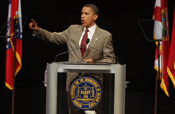 In this file photo, then-Senator Obama speaks to attendees at the 99th annual convention of the NAACP July 14, 2008 in Cincinnati, Ohio. (Getty Images)