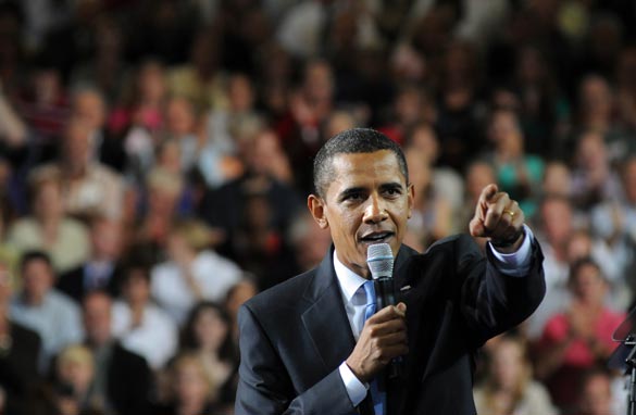 President Barack Obama speaks at a town hall meeting August 11, 2009 in Portsmouth, New Hampshire. (Photo by Darren McCollester/Getty Images)