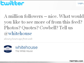 White House's official Twitter account garnered its millionth Twitter follower Sunday.