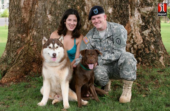 Jessica Stong, her husband Army Lt. Anthony Stong and their puppies.