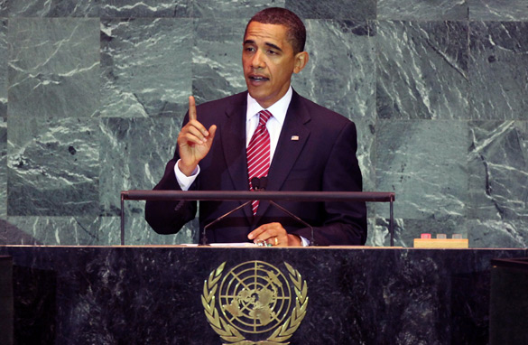 President Barack Obama delivers his first address to the United Nations General Assembly at U.N. headquarters September 23, 2009 in New York City. (Photo by Mario Tama/Getty Images)