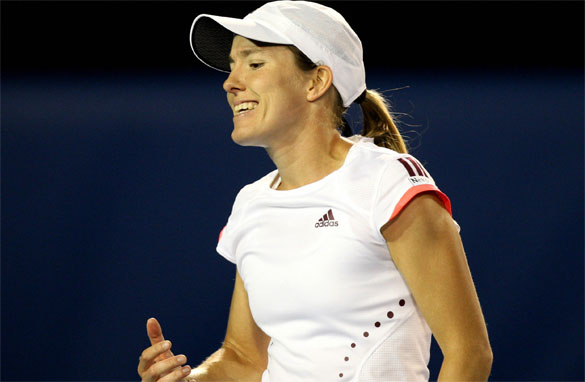 Justine Henin gestures during her womens singles match against Russian opponent Maria Sharapova at the Australian Open 2008 tennis tournament in Melbourne, her last major before announcing retirement.