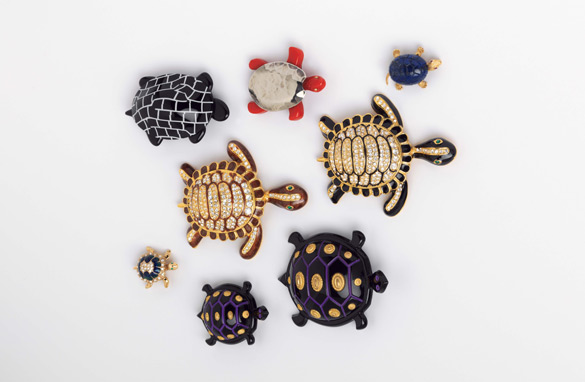 Black and White Turtle, Lea Stein (France), 1990; Small Purple, Black and Gold Turtle, Isabel Canovas (France), c. 1980; Black and Brown Rhinestone Turtles, Designer Unknown (USA), 1997; Blue Rhinestone Turtle, Designer Unknown (USA), c. 1998; Red Turtle, Designer Unknown (USA), c. 1997; Gold and Lapis Turtle, Designer Unknown (USA), c. 1970