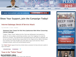 The Perry's campaign Web site that was hacked earlier today.