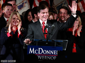 Republican Governor-elect Bob McDonnell of Virginia greeted the crowd at his victory party last night in Richmond. McDonnell beat out Democratic challenger Creigh Deeds.