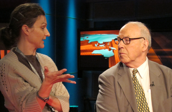 Former U.N. weapons inspector Hans Blix with Amanpour booker Gabrielle, during a commercial break