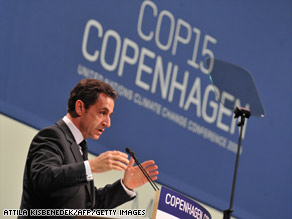 French President Nicolas Sarkozy delivers a speech in Copenhagen on the 11th day of the COP15 UN Climate Change Conference.