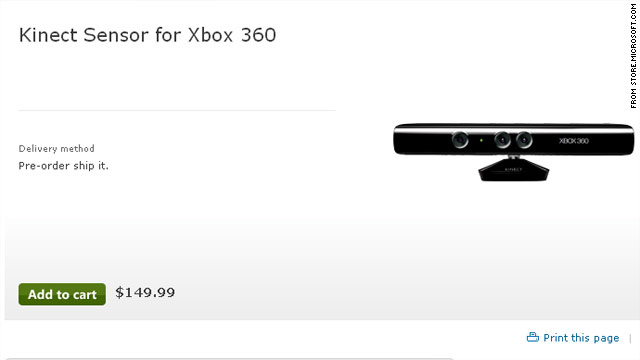 A page at Microsoft's online store said the Kinect motion controller for the Xbox 360 will cost $149.99.