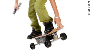 This electric-powered skateboard reaches a top speed of 8 mph.