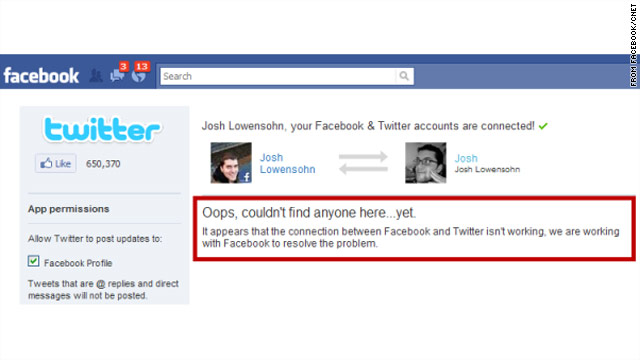 An app that allows Facebook users to find the Twitter accounts of their friends brings error message.