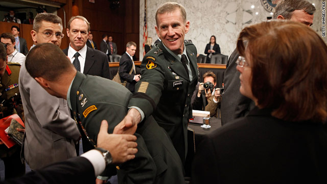 Gen. Stanley McChrystal shakes the hand of a supporter before testifying to the Senate Armed Services Committee last year.