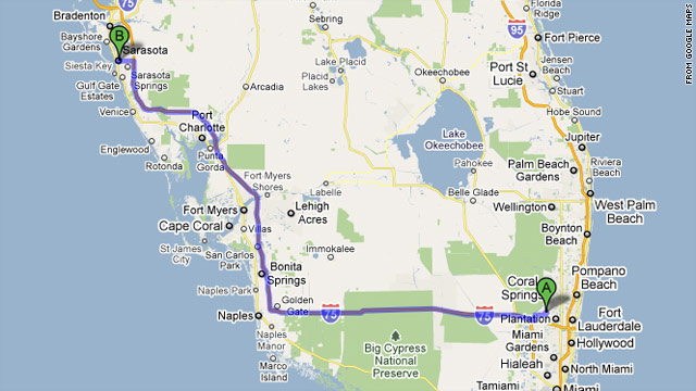 Sunrise, Florida, the "A" on this Google Map, is about 200 miles from Sarasota, which lies on the Gulf Coast.