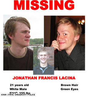 A poster asking for information on missing student Jonathan Lacina
