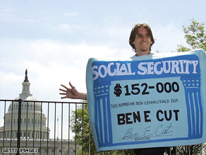 A man dressed as a Social Security card demonstrates in front of the Capitol Building.