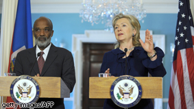 US Secretary of State Hillary Clinton makes remarks with Haitian President Rene Preval at the State Department in Washington DC. Preval visits Washington to lobby for support following January's massive earthquake.