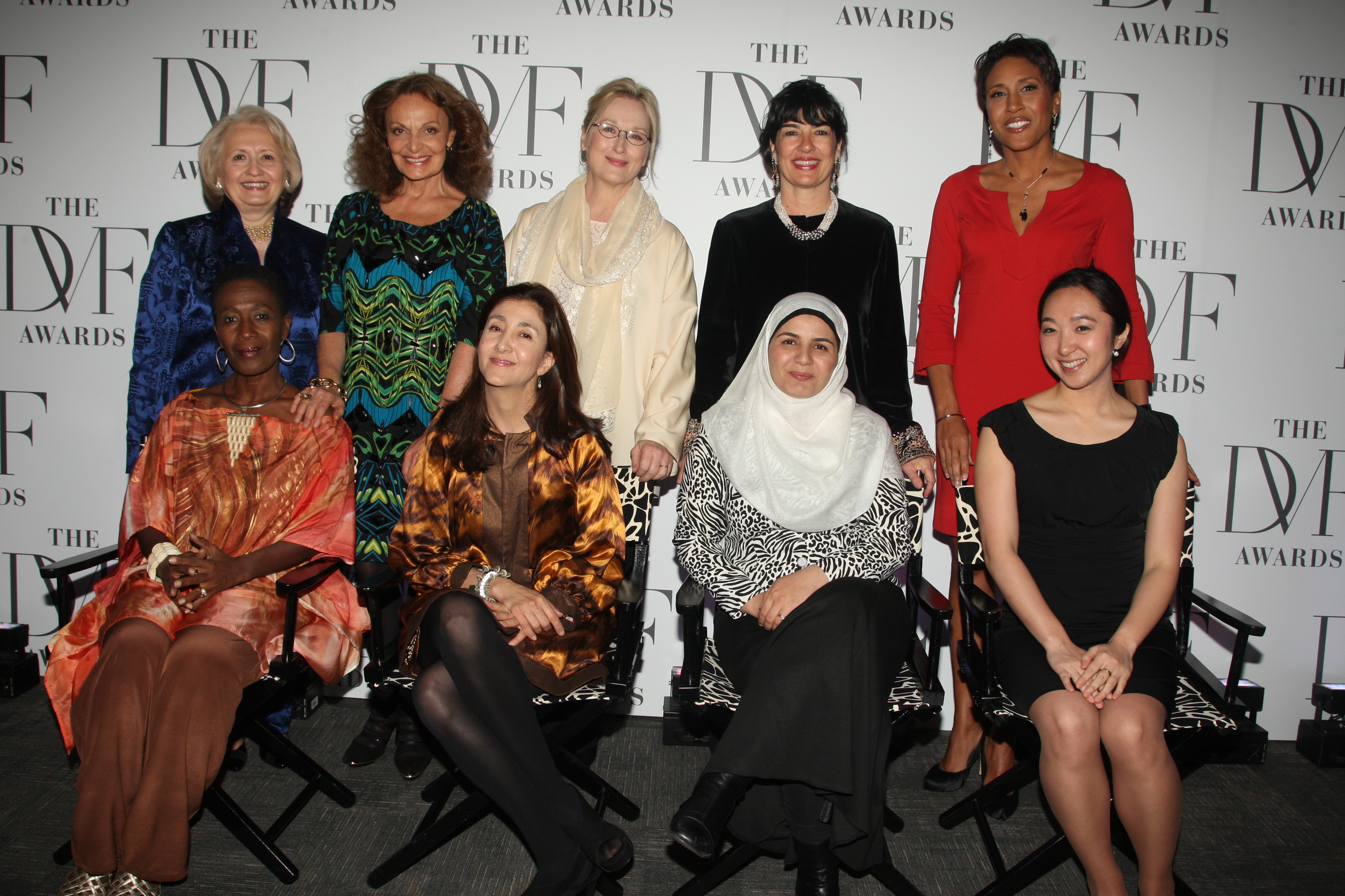 Melanne Verveer, Diane von Furstenberg, Meryl Streep, Christiane Amanpour, Robin Roberts, Danielle Saint Lot, Ingrid Betancourt, Sadiqa Basiri Saleem, and Katherine Chon at the DVF Awards at the United Nations.
