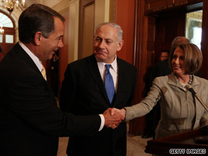 Israeli Prime Minister Benjamin Netanyahu spoke at an appearance Tuesday with House Speaker Nancy Pelosi and House Minority Leader John Boehner before meeting with President Obama.