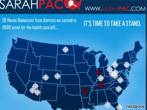 An image on Sarah Palin's Facebook page featuring crosshairs on certain Democratic districts is causing an uproar .