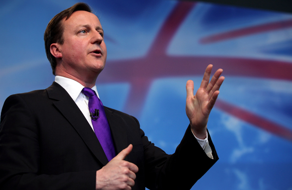 David Cameron launches the Conservative Party manifesto April 13 in London. (Getty Images)