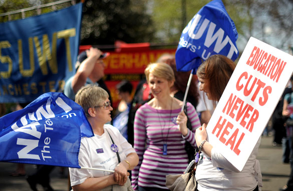 Protesters attend a demonstration against public service cuts – an issue in the UK vote – on April 10 in London (AFP/Getty).