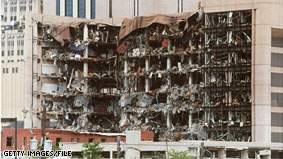 The Alfred P. Murrah Federal Building in Oklahoma City, OK after the bomb explosion 15 years ago.