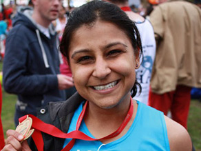 Krsna Harilela at the end of the London marathon.