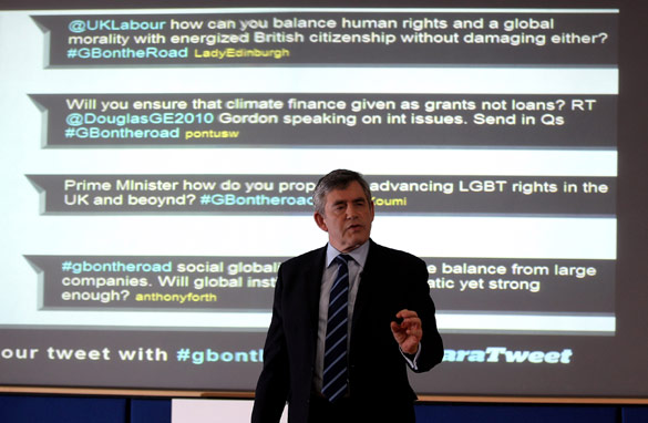 Labour leader Gordon Brown in Milton Keynes, southern England, takes questions via Twiter (Getty)
