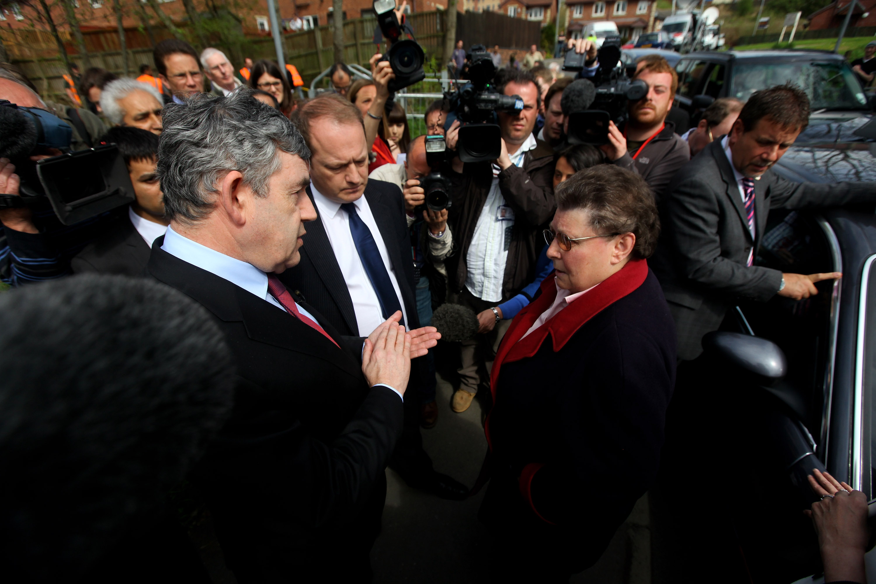 UK Labour Party leader Gordon Brown meets with Gillian Duffy on the campaign trail in Rochdale, northern England (Getty).