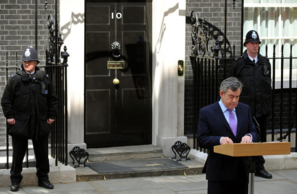 Gordon Brown speaks outside 10 Downing Street -- but polls suggest voters thinks he should step down. (Getty Images)