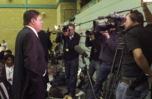 BNP candidate Nick Griffin talks to the press in Barking (CNN)