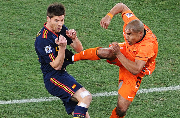 Nigel de Jong's high tackle on Xabi Alonso was one unsavoury moment in a fiery World Cup final. (AFP/Getty Images)