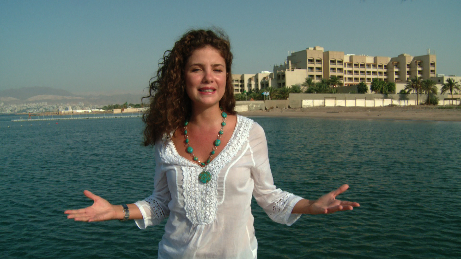Rima Maktabi on the shores of the Gulf of Aqaba. Jordan, Egypt, Israel and Saudi Arabia all have borders here on the Northern Red Sea.