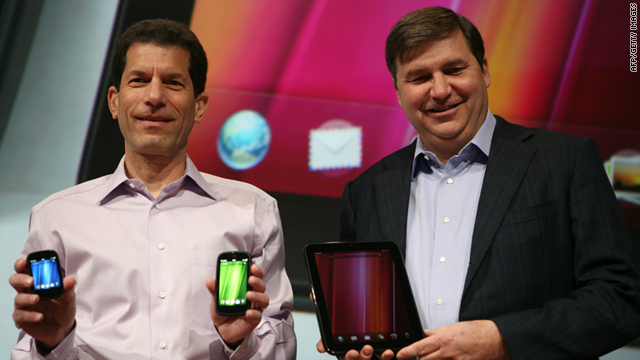 HP executives Jon Rubinstein, left, and Todd Bradley unveiled the products now being discontinued at an event in Februrary.