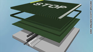 Solar road panels would include glass layers, solar power cells, heating elements and LED road markers.