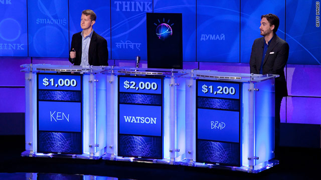 IBM's Watson computer is competing against former champs Ken Jennings, left, and Brad Rutter on "Jeopardy!" this week.