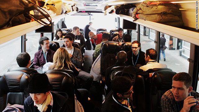 Buspreneurs huddle on Day One of the StartupBus' 48-hour journey to SXSW.
