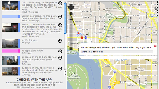 An Ushahidi project called Apple Lines used a check-in function to map crowds waiting for the iPad 2 in Washington, D.C.
