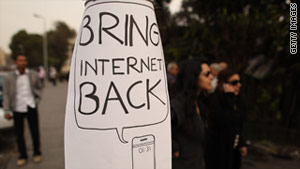 Protesters in Cairo, Egypt, call for the return of the Internet on February 1 after the government shut it down.