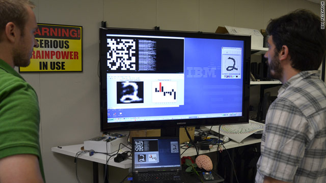 IBM researchers demonstrate the cognitive computing chip's ability to recognize handwriting.