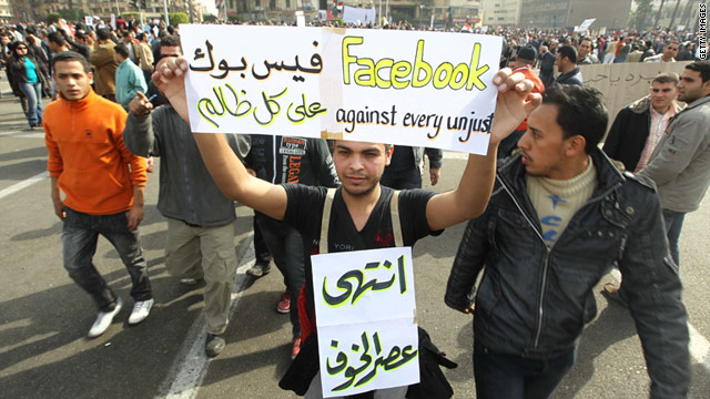 Egyptian protesters use Facebook to fuel the revolution fire.
