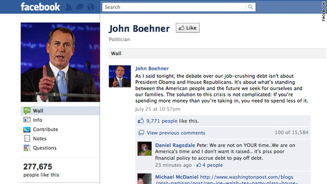 All House Speaker John Boehner's Facebook posts in the past two weeks have articulated his positions on the debt crisis.