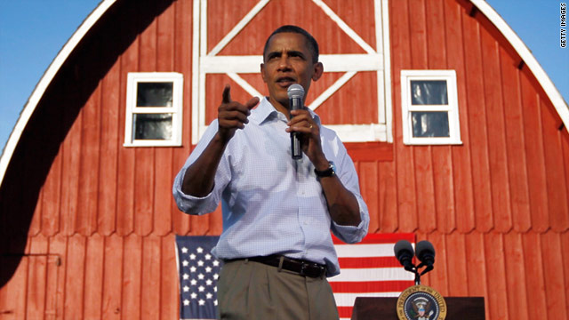 President Barack Obama addresses the Seed Savers Exchange on Monday in Decorah, Iowa, as part of a Midwest bus tour.