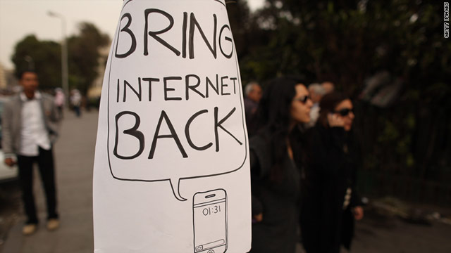 A poster calls for the return of the internet after it was shut down by the government in February in Cairo, Egypt.