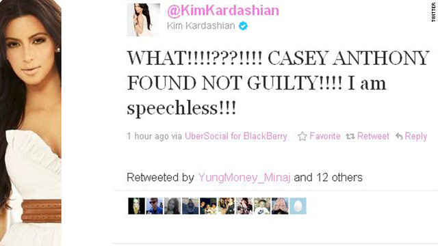 Kim Kardashian, whose father famously represented O.J. Simpson, expresses shock over the Casey Anthony verdict on Twitter.