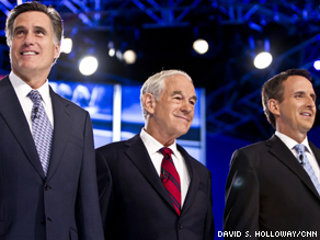 (L to R) Former Massachusetts Governor Mitt Romney, Texas congressman Ron Paul, former Minnesota Governor Tim Pawlenty.
