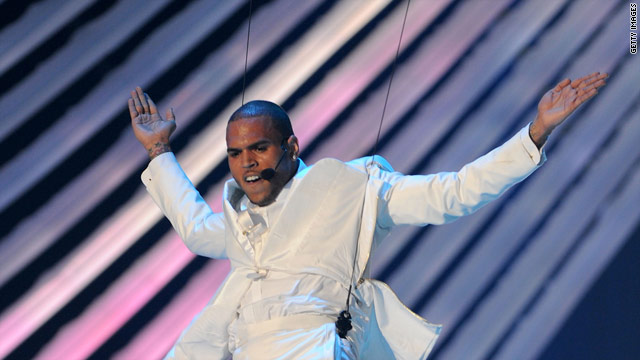 Chris Brown flies above on the VMAs