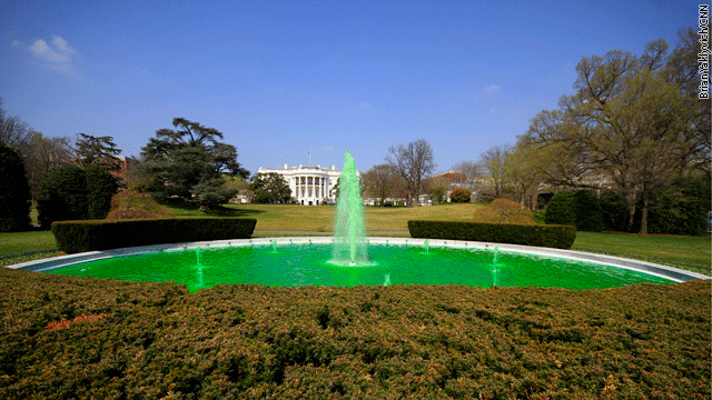 South Lawn Fountain Dyed Green for St. Patrick's Day