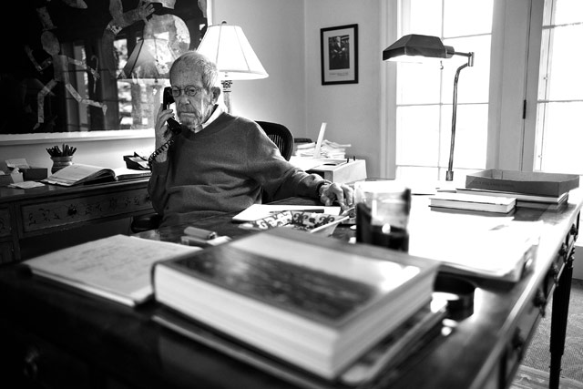 Elmore Leonard works out of his home office, writing stories by hand. He doesn't use a computer.